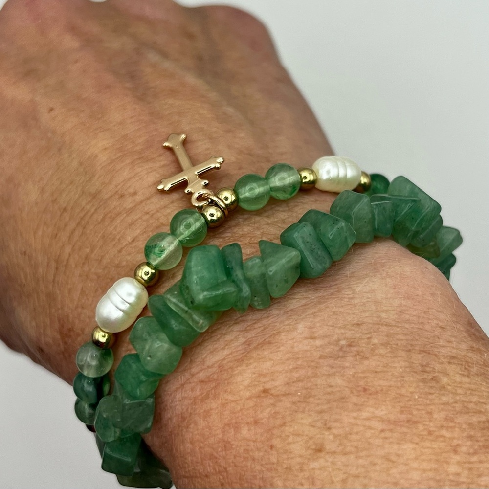 Green Aventurine Pearl Beaded stack Bracelet Set with Cross Charm Boho - Picture 2 of 6